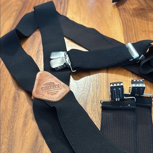 Grizzly Black Suspenders with Brown Leather Patch Made in USA 2” Diameter - Picture 1 of 4